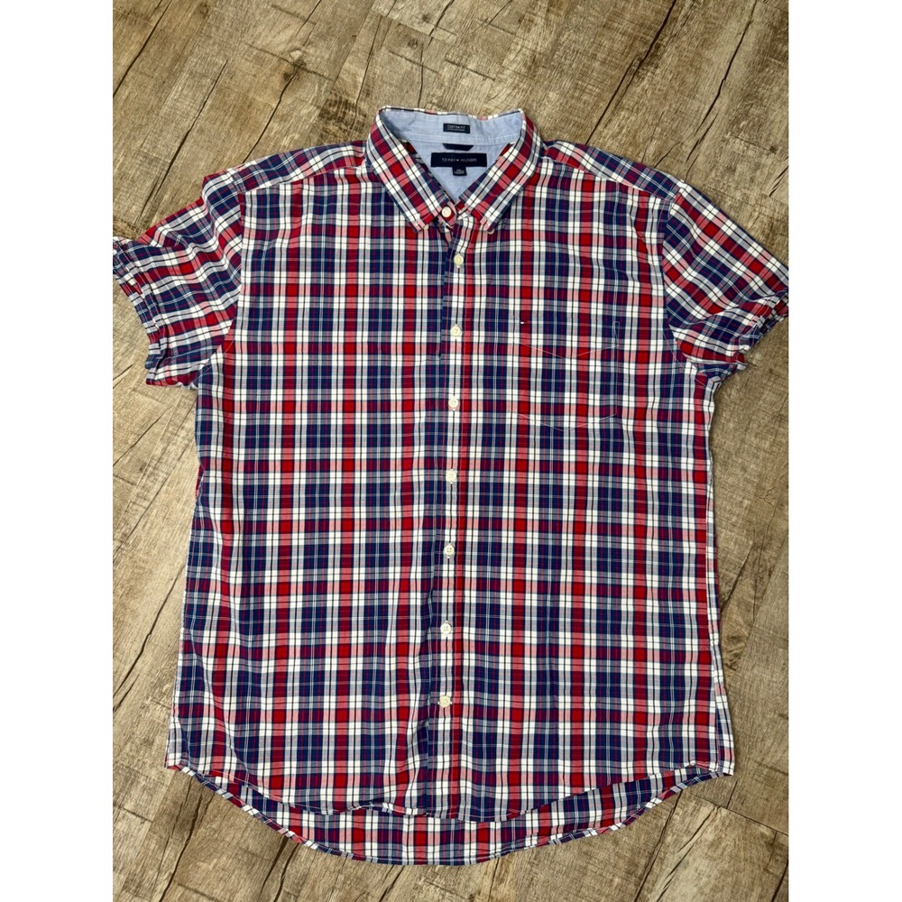 Tommy Hilfiger Mens XXL Custom Fit Plaid Short Sleeve Button Down Shirt Red Blue